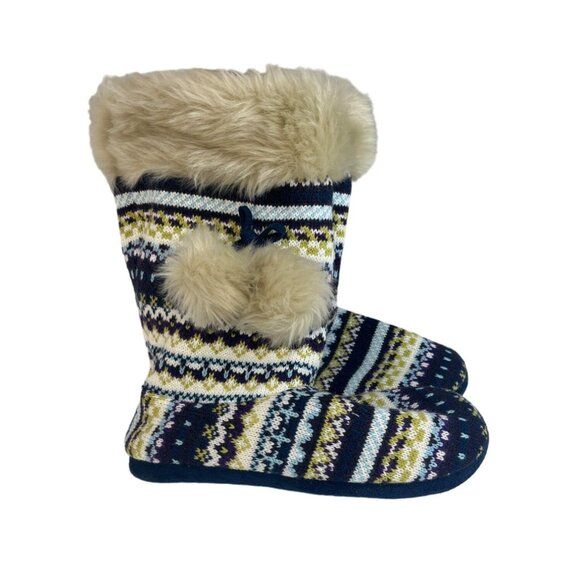 MIXIT Fuzzy Knit Boot Slippers Blue Fair Isle Pom-Poms Non-Slip Medium 7/8 New - Picture 1 of 11